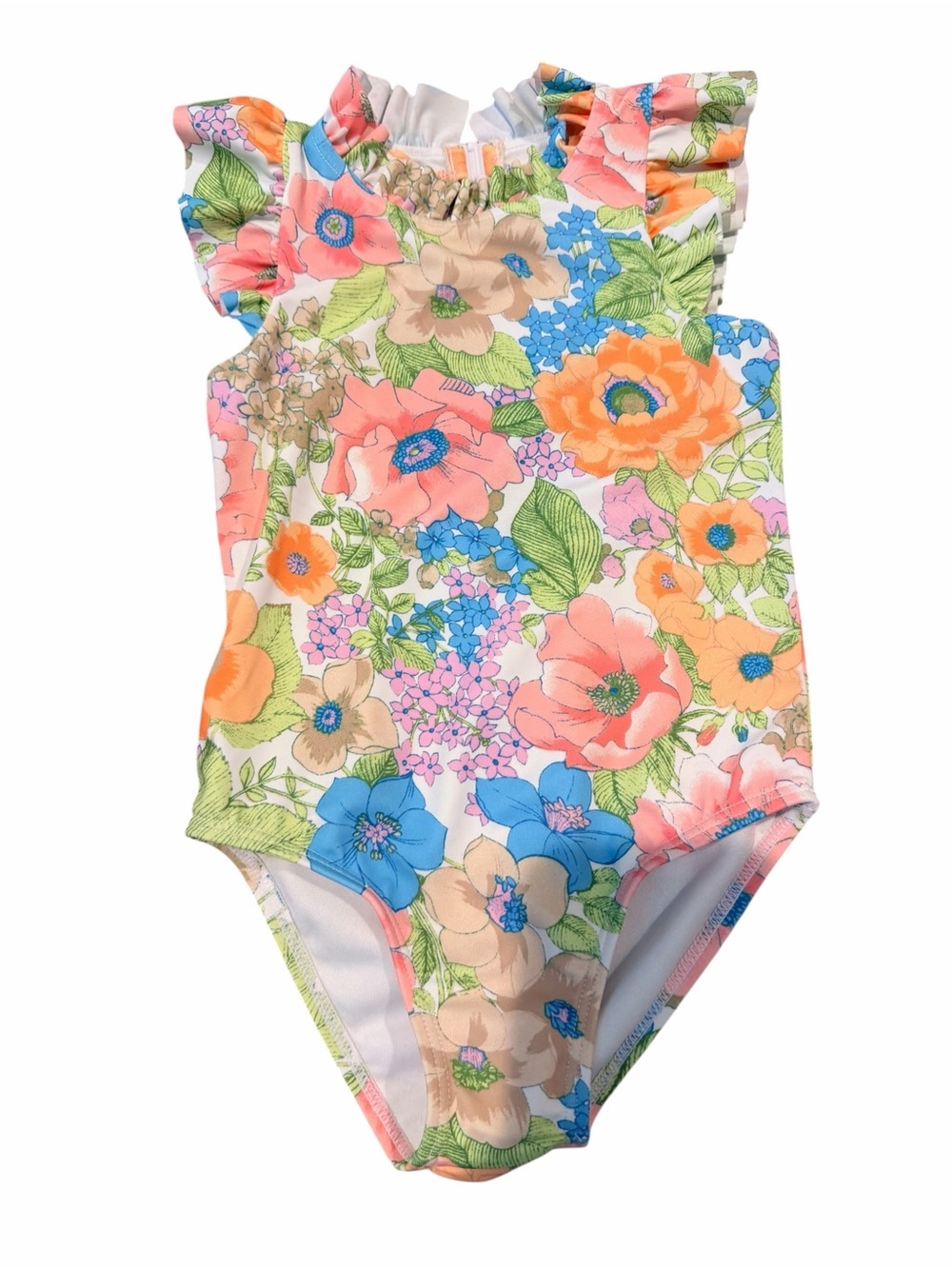 NWOT Janie and Jack Coral, Blue & Green Floral Ruffle One-Piece Swimsuit